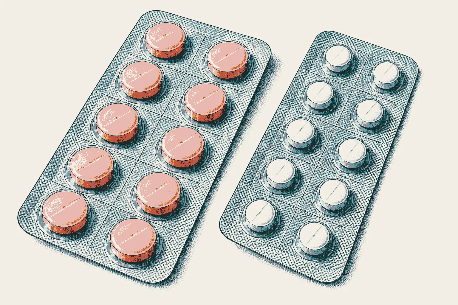Illustration: two blister packs side by side, one of pale pink tablets and one of small white tablets.