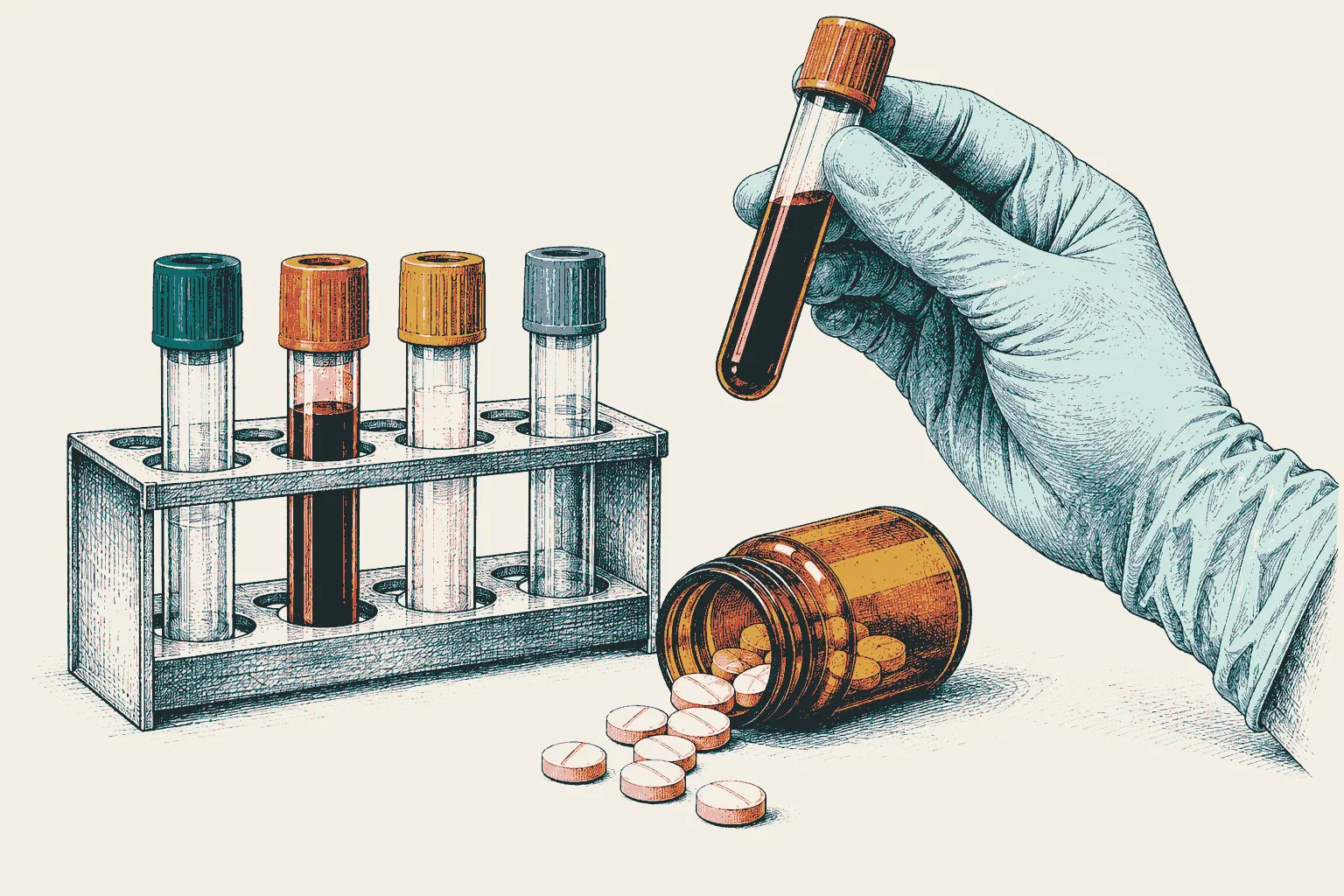 Illustration: a rack of blood collection tubes, a gloved hand holding a filled tube, and pale pink tablets spilling from an amber bottle.