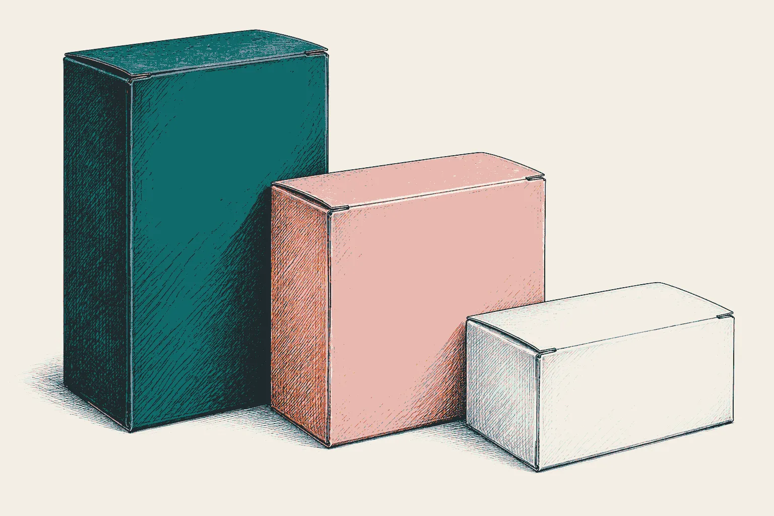 Illustration: three plain medicine boxes of different sizes standing together.