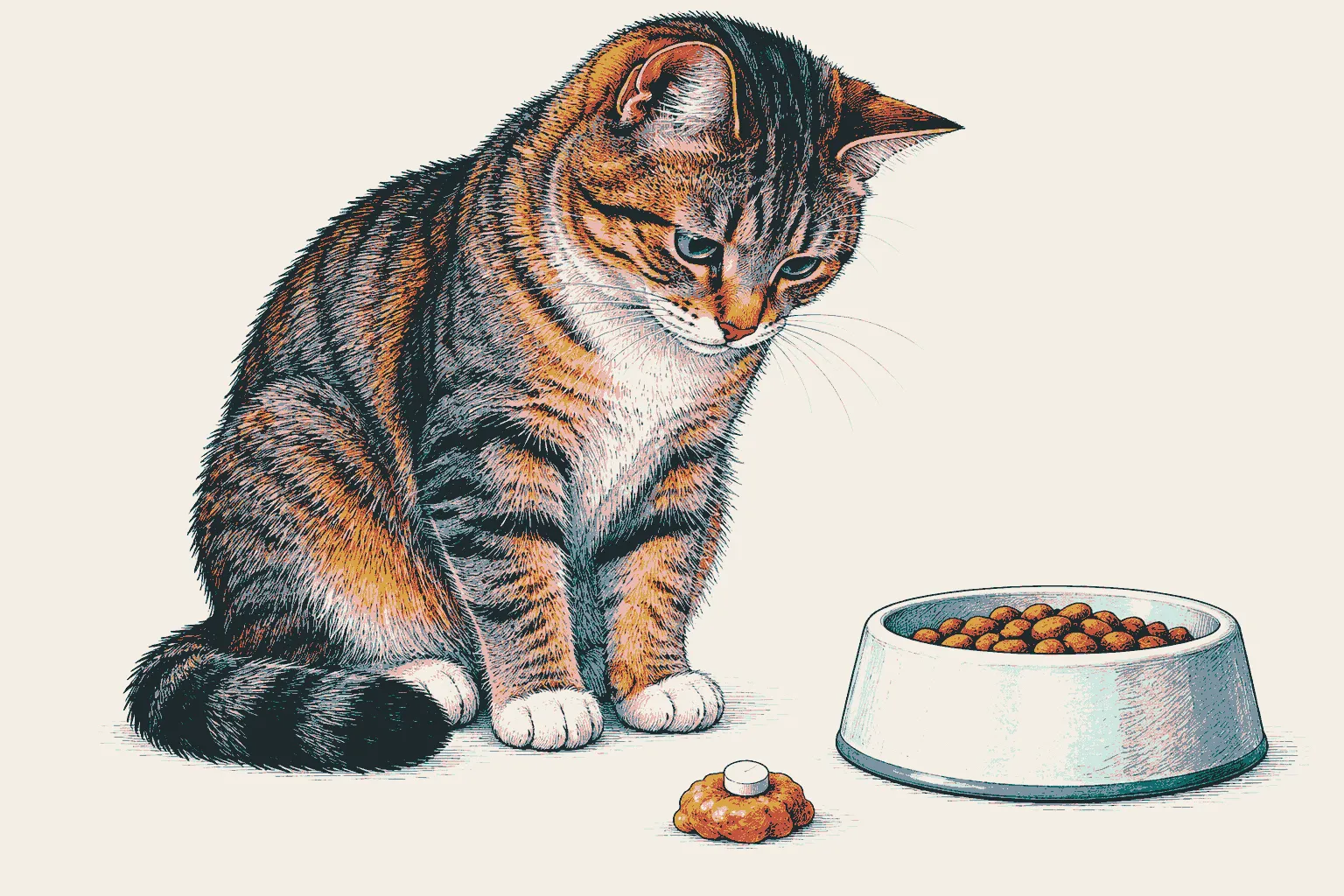 Illustration: a tabby cat beside its food bowl, with a tablet pressed into a treat.