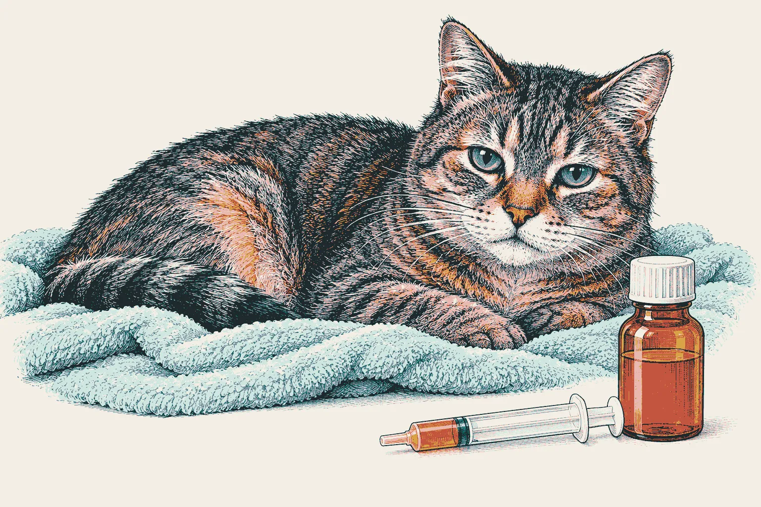 Illustration: an elderly tabby cat lying on a blanket beside an oral dosing syringe and a medicine bottle.