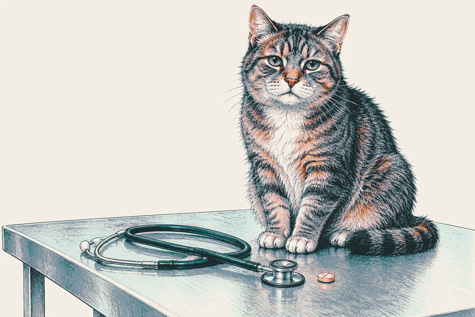Illustration: an elderly tabby cat sitting on a veterinary table beside a stethoscope and a small tablet.