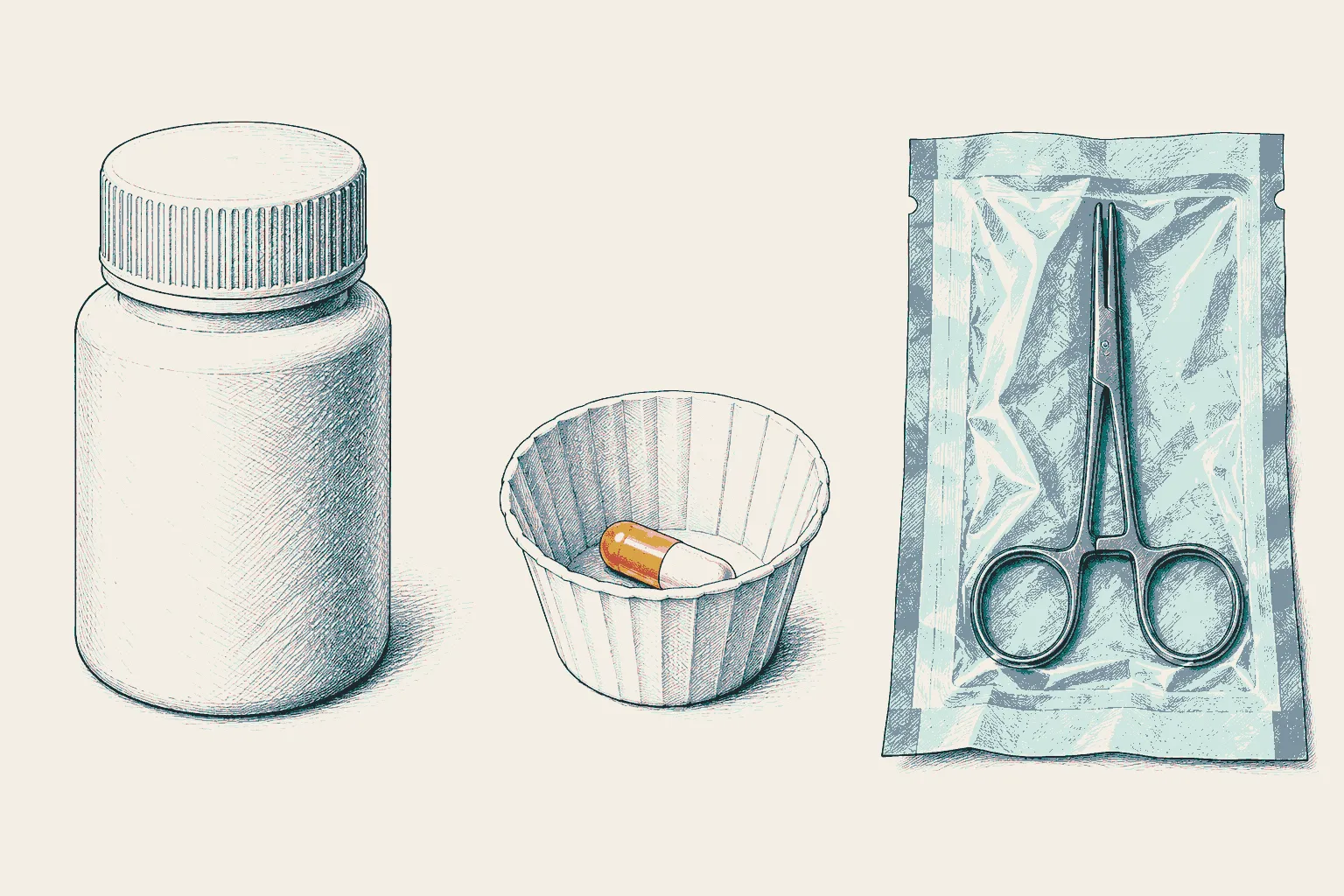 Illustration: a tablet bottle, a paper medicine cup holding a capsule, and a sealed surgical instrument pouch.