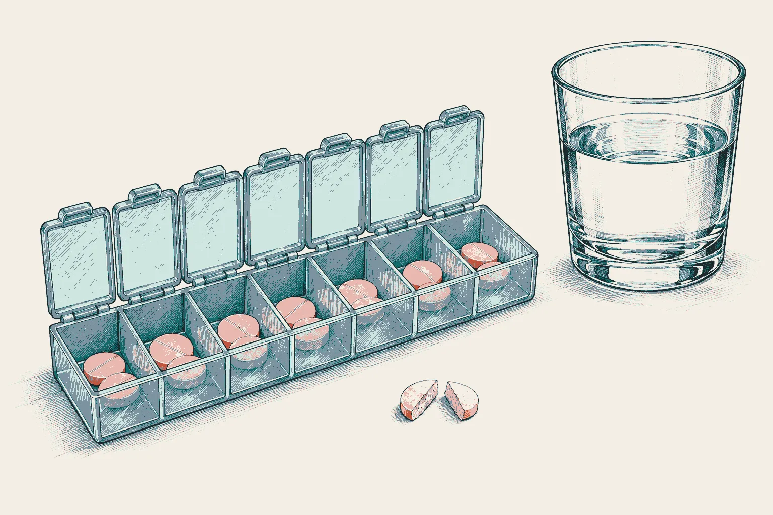 Illustration: a seven-day pill organiser with pale pink tablets, one tablet split in half, and a glass of water.
