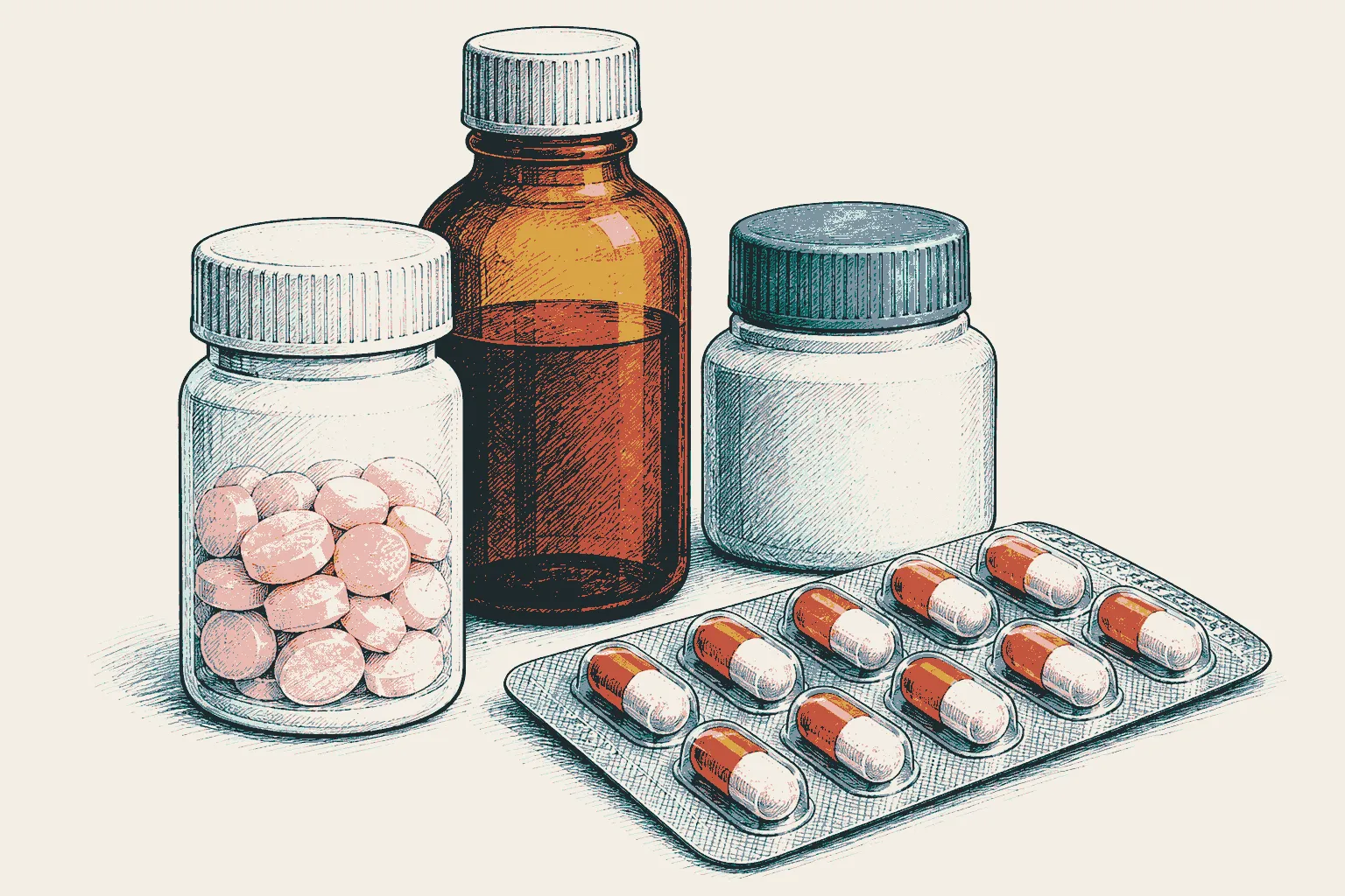 Illustration: a bottle of pale pink tablets beside other medicine bottles and a blister pack.