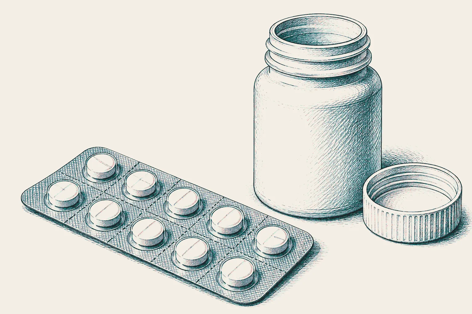 Illustration: a blister pack of small white scored tablets beside an open tablet bottle.