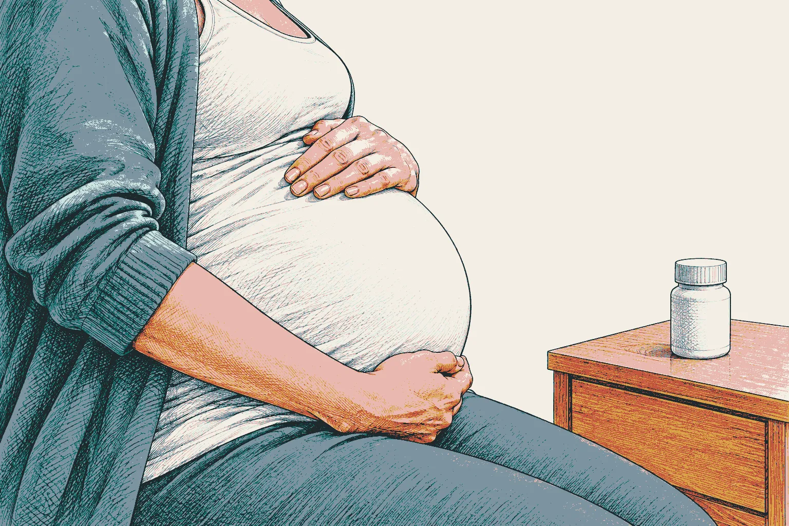 Illustration: a pregnant woman's hands resting on her bump, with a tablet bottle on the bedside table.