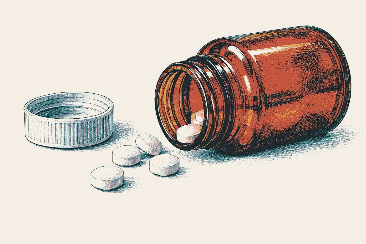 Illustration: an amber glass pharmacy bottle with small white tablets spilled beside it.