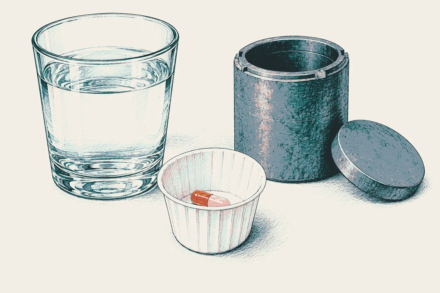Illustration: a single capsule in a paper medicine cup beside a glass of water and a small lead container with its lid off.