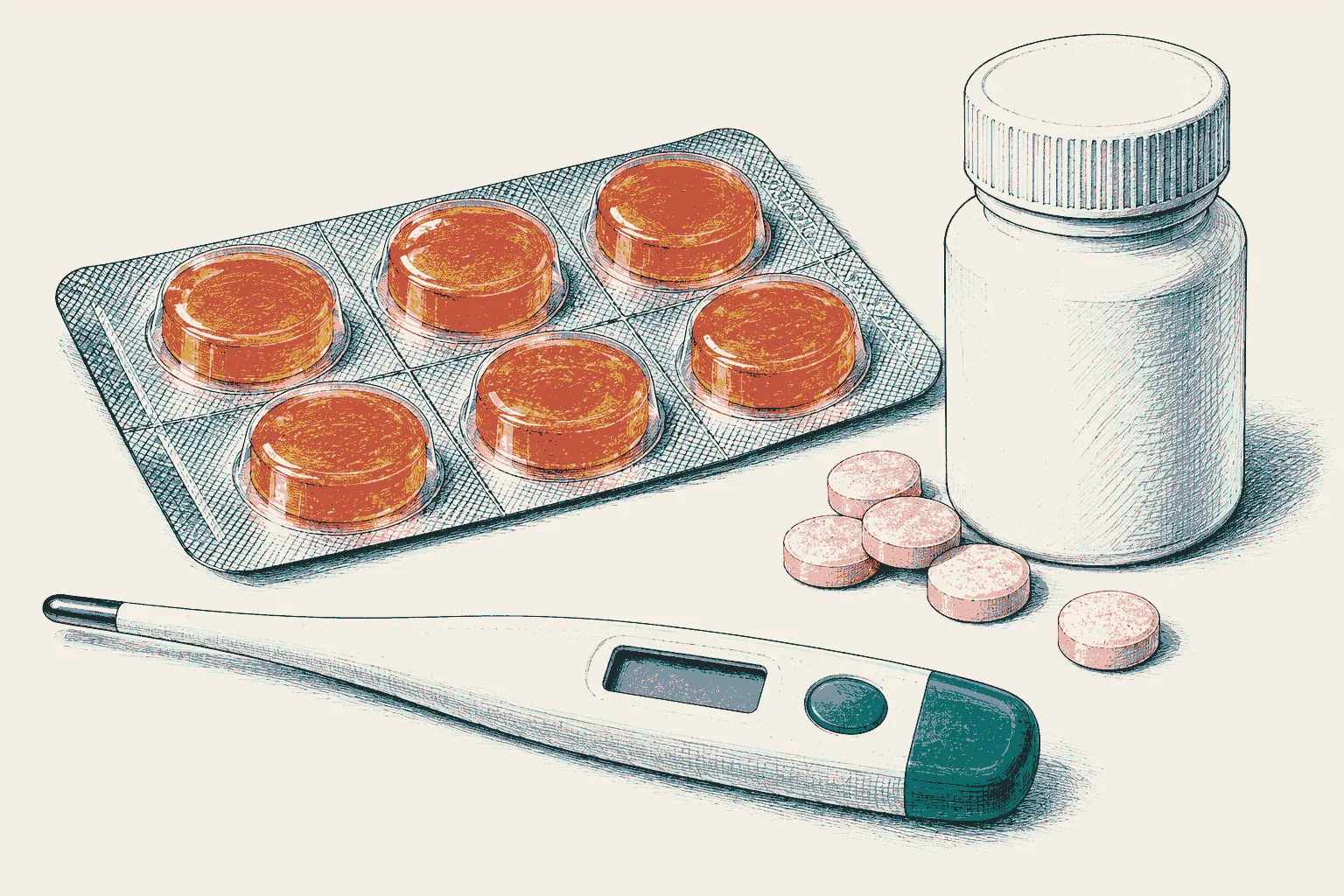 Illustration: a thermometer, a strip of throat lozenges and a bottle of pale pink tablets.