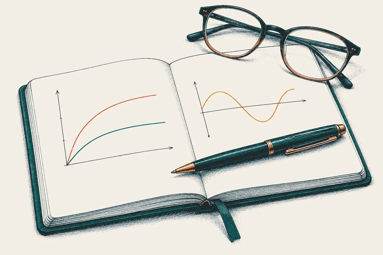 Illustration: an open notebook with hand-drawn graphs, a pen and reading glasses.
