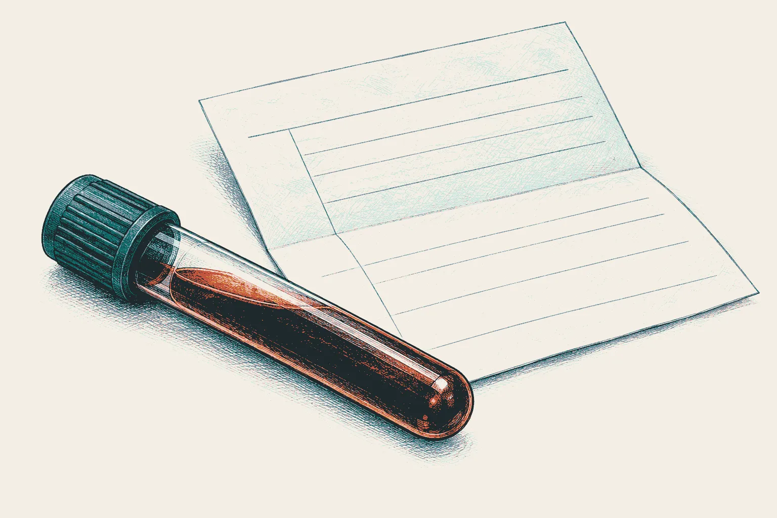 Illustration: a blood collection tube next to a folded laboratory report.