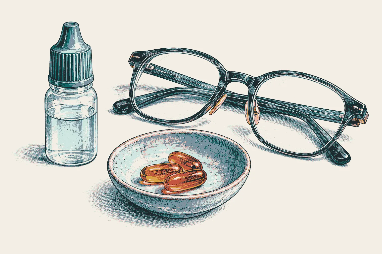 Illustration: an eye-drops bottle, folded reading glasses and a small dish of capsules.