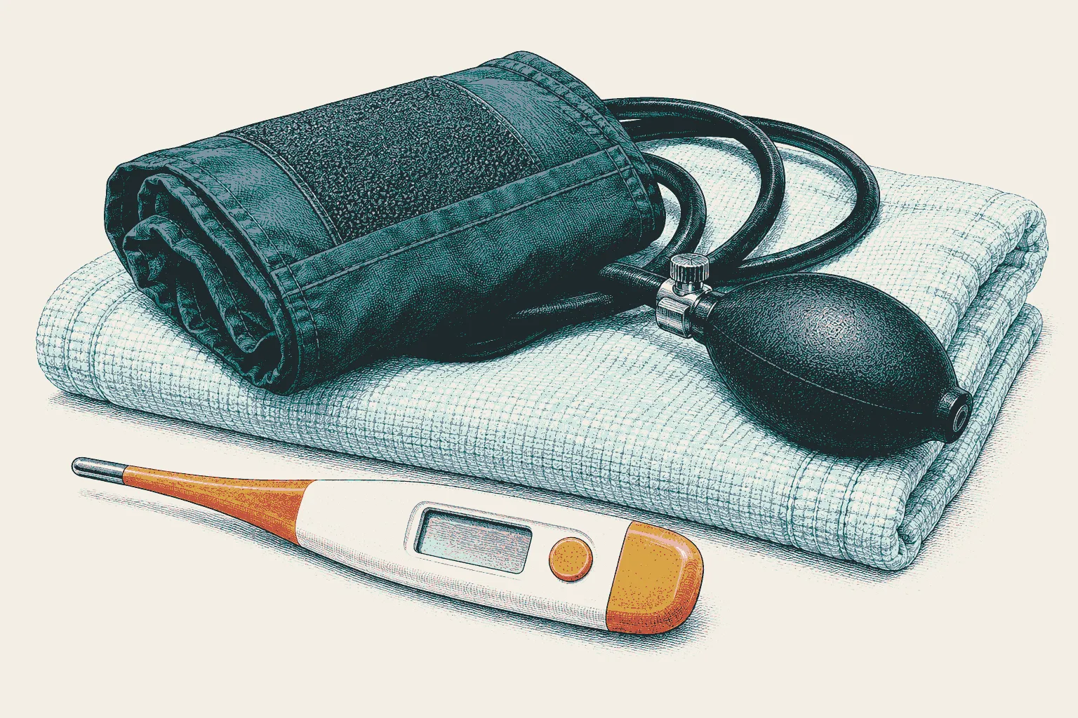 Illustration: a clinical thermometer and a blood-pressure cuff on a folded hospital blanket.