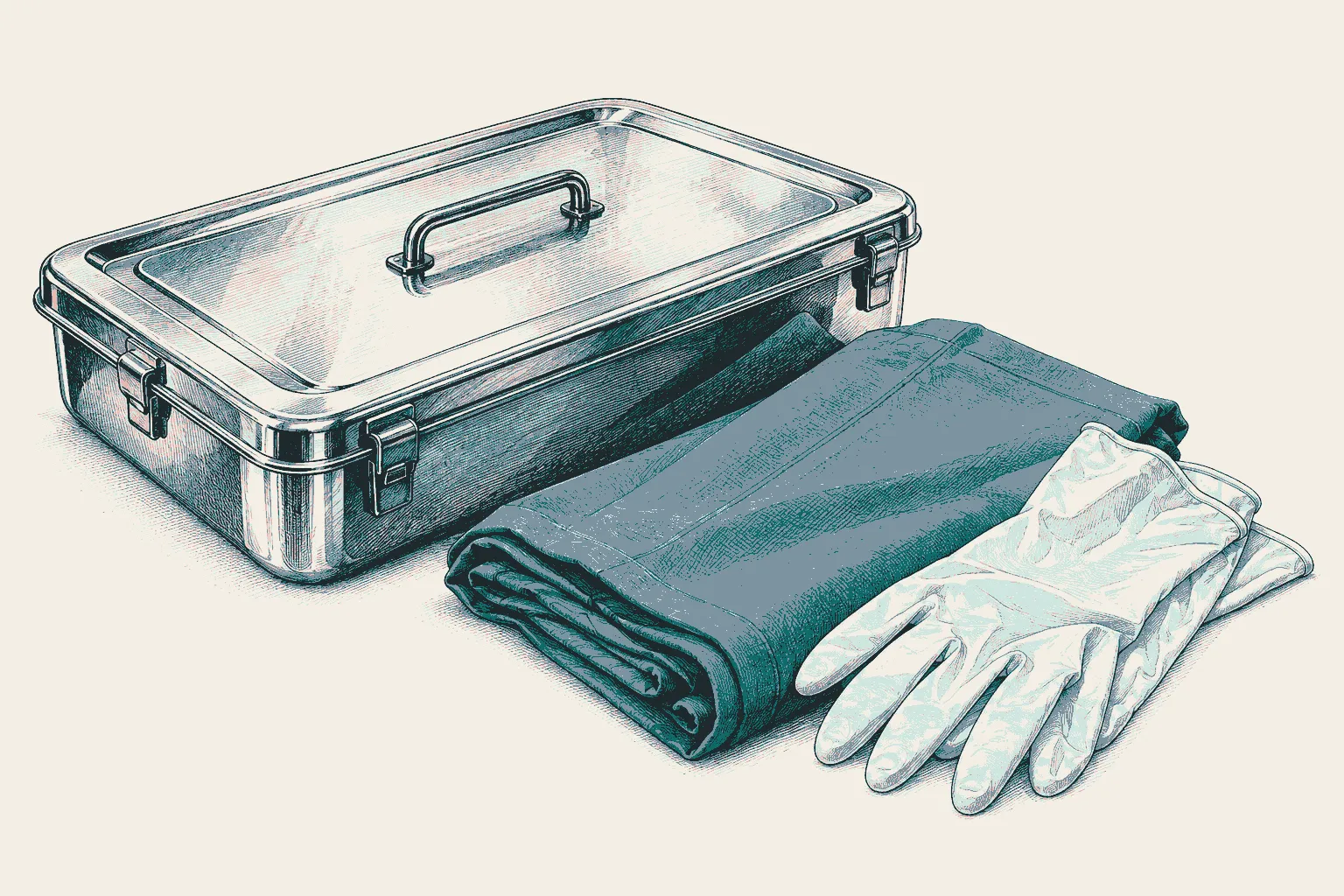 Illustration: a closed surgical instrument tray with a folded drape and surgical gloves.