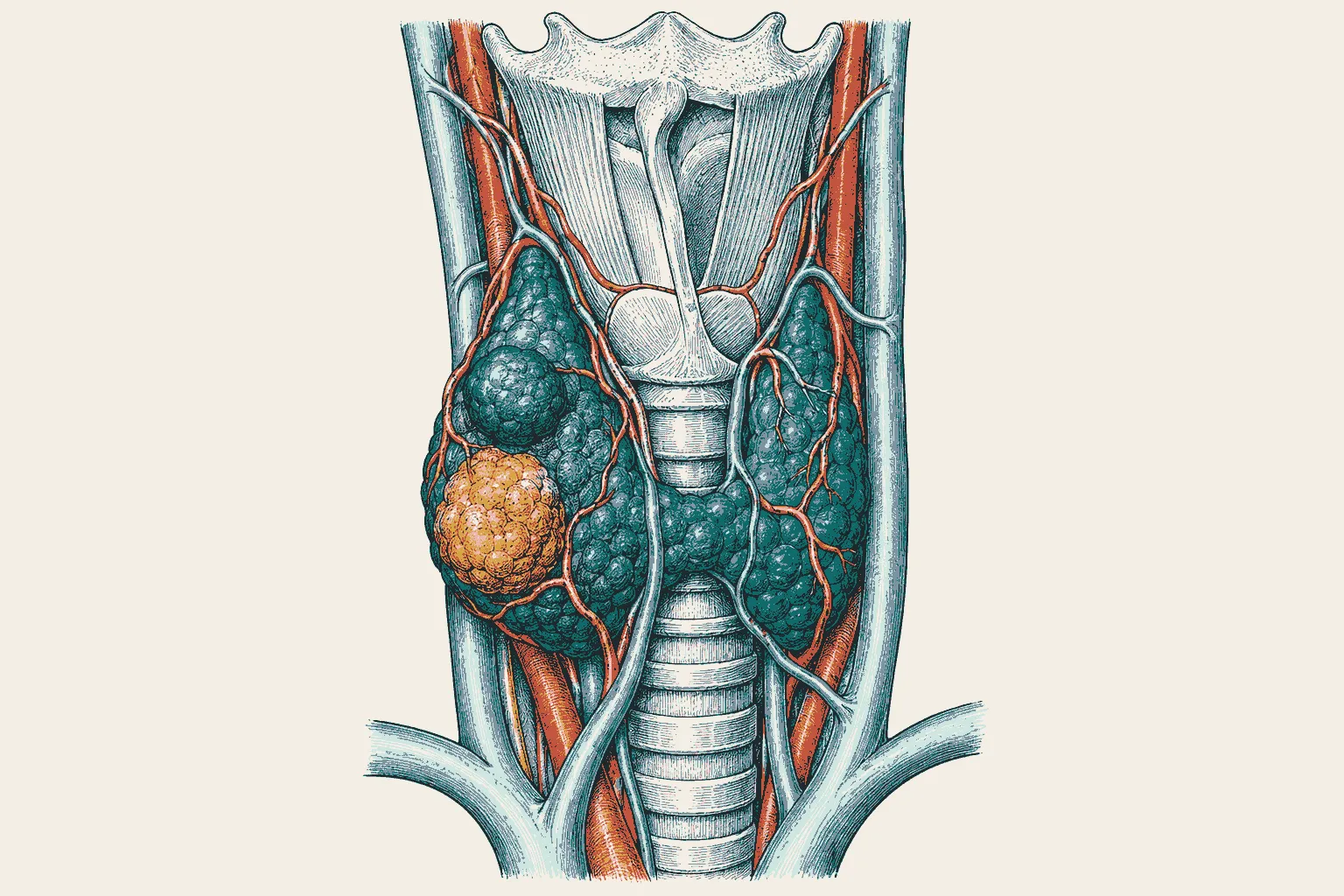 Illustration: anatomical sketch of a thyroid gland with two nodules in an enlarged lobe.